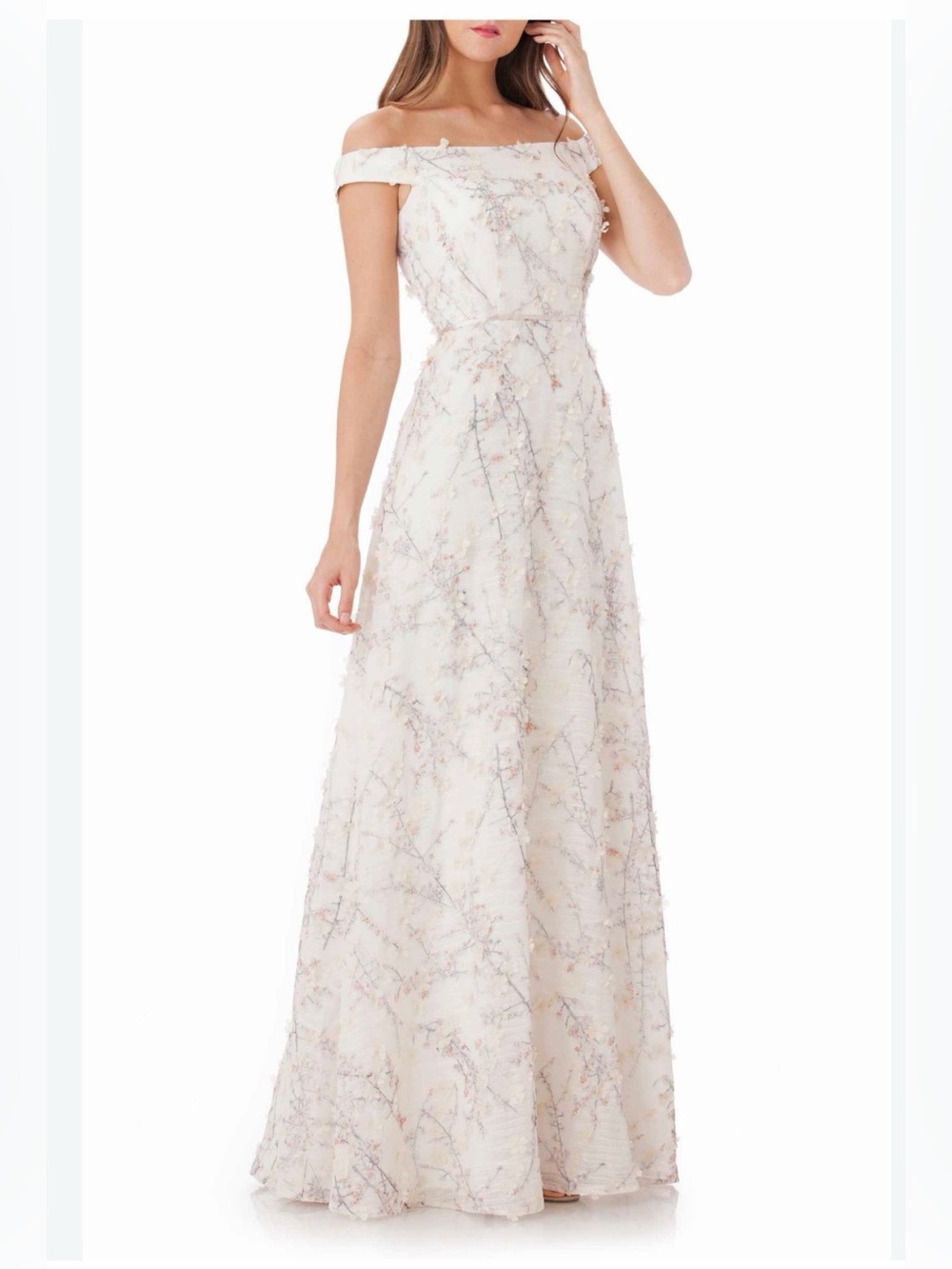 Carmen Marc Valvo Off-Shoulder White Maxi Gown with Pastel Floral Accents